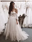 Богемные Свадебные платья 2021, богемный стиль, с открытыми плечами, а-силуэт, корсет, свадебное платье, милое, с коротким рукавом, в горошек, свадебное платье