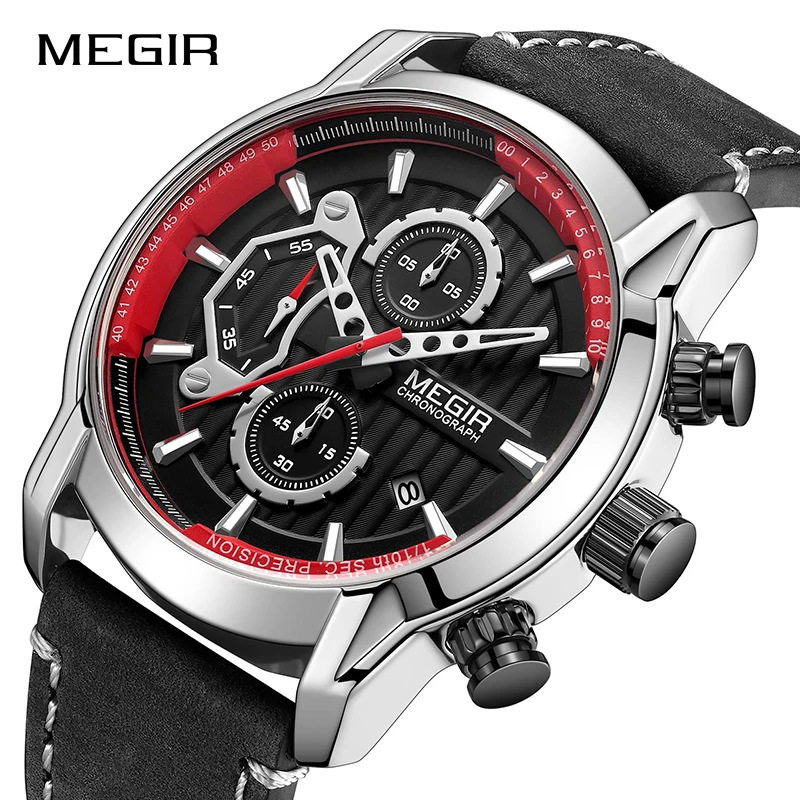 

Relogio Masculino MEGIR New Watch Men Leather Sport Chronograph Quartz Military Wrist Watch Luxury Zegarek Meski Erkek Kol Saati