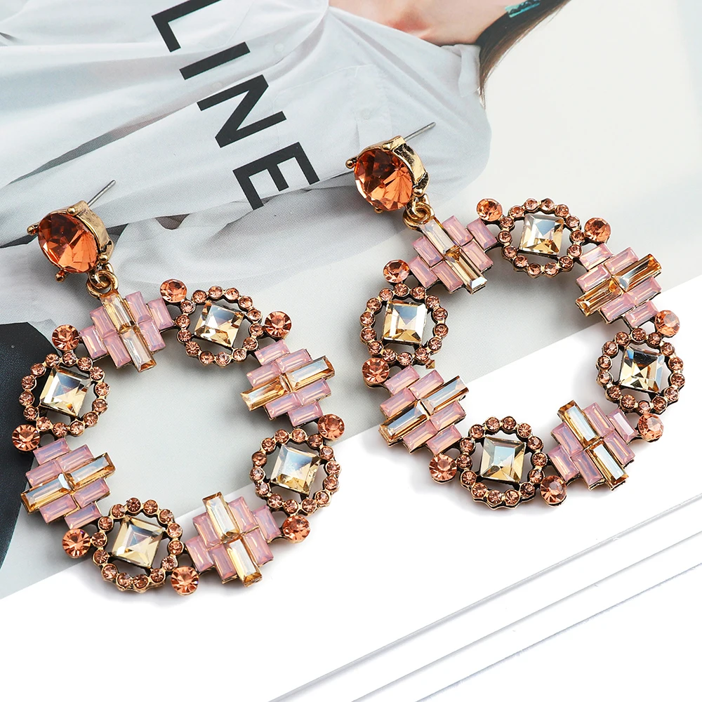 

Fashion Round Hanging Earrings For Women Girl Luxury Ear Accessories Vintage Geometric Crystal Brincos Paired Pendant Jewelry