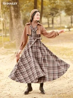 free shipping boshow long maxi winter plaid trench women outerwear belt lantern sleeve big hem wool double breasted patchwork