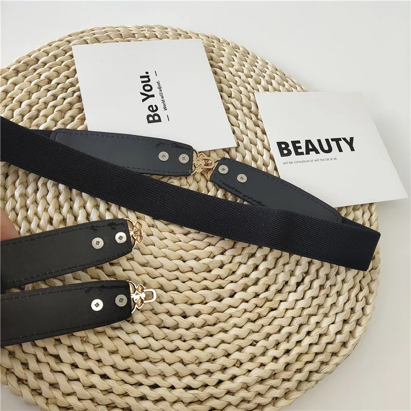 

Thin Belt Female Ornament Waist Seal with Skirt Golden Leaf Buckle Vintage Elastic Belt All-Match Waist String Black