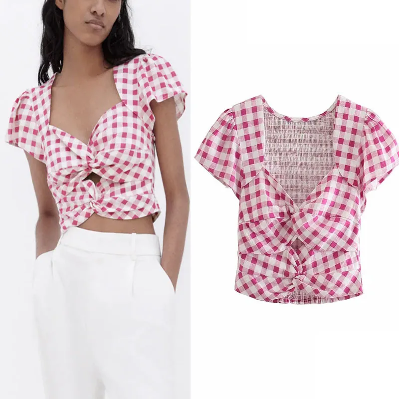 

Za Linen Blend Pink Short Top Summer Woman Front Knotted and Back Elasticity Tight Design Ruffle Short Sleeve Square Collar Tops