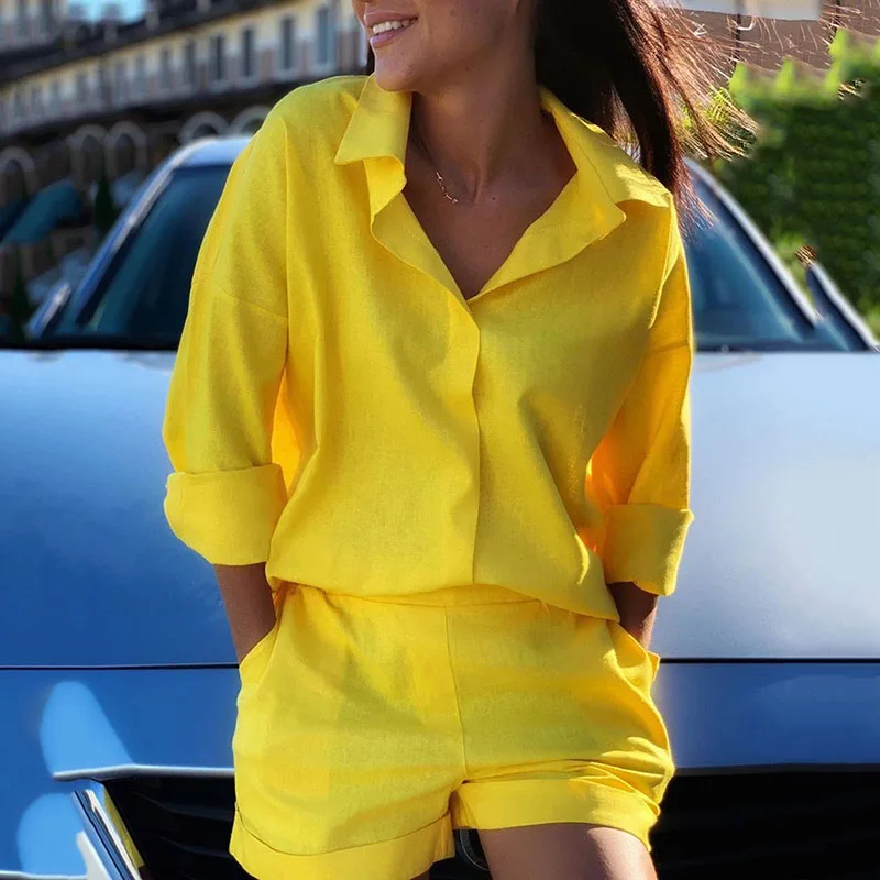 

Women Loose Turn-down Collar Long Sleeve Shorts Set Fashion Button Solid Color Summer Matching Suit Office Lady Casual Outfit