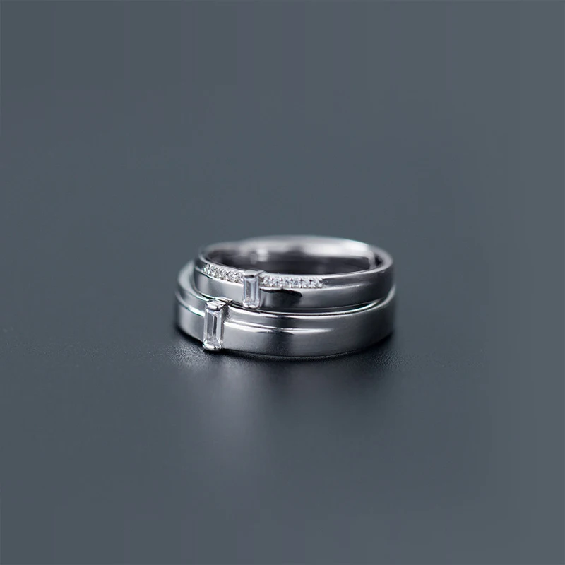 

COLUSIWEI Silver Lovers Rings for Men and Women 925 Sterling Silver Shining Rectangle Zircon Open Adjustable Rings Pairs Jewelry
