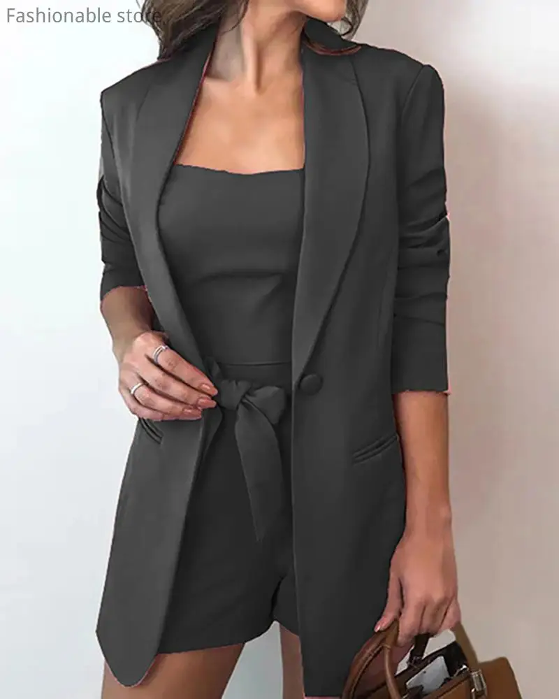 

3 Pcs Set Solid Top & Blazer Coat & Shorts Sets