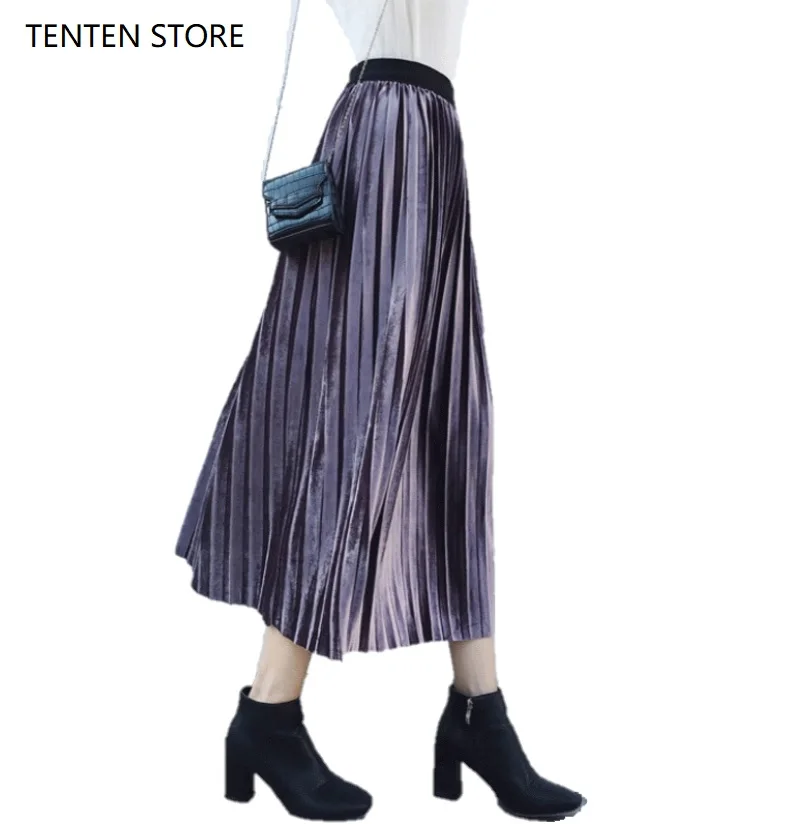 

Fall winter pleated velvet maxi skirts women high a line waist pleuche vintage elegant long black red purple green skirts female