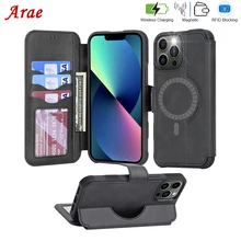 Arae Leather Wallet Case For iPhone 13 Pro Max PU Magsafe Case with [RFID Blocking] iPhone 12 13 Pro Max Qi Magnetic Back Cover