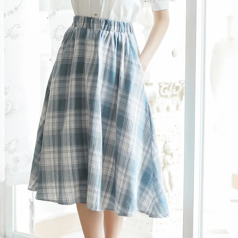 

Limiguyue Chic Summer Classic Plaid Skirt Big Size Women Literary Retro Plaid Skirt High Elasticity Japanese Style Plisada K1329