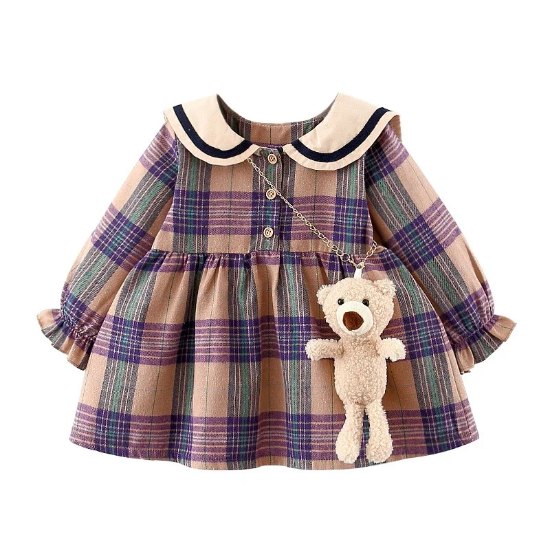 Toddler Baby Girl Dress with Bear Bag Spring Autumn Plaid Princess Dresses For Kids Cartoon Children Clothing Vestidos0-4y | Детская