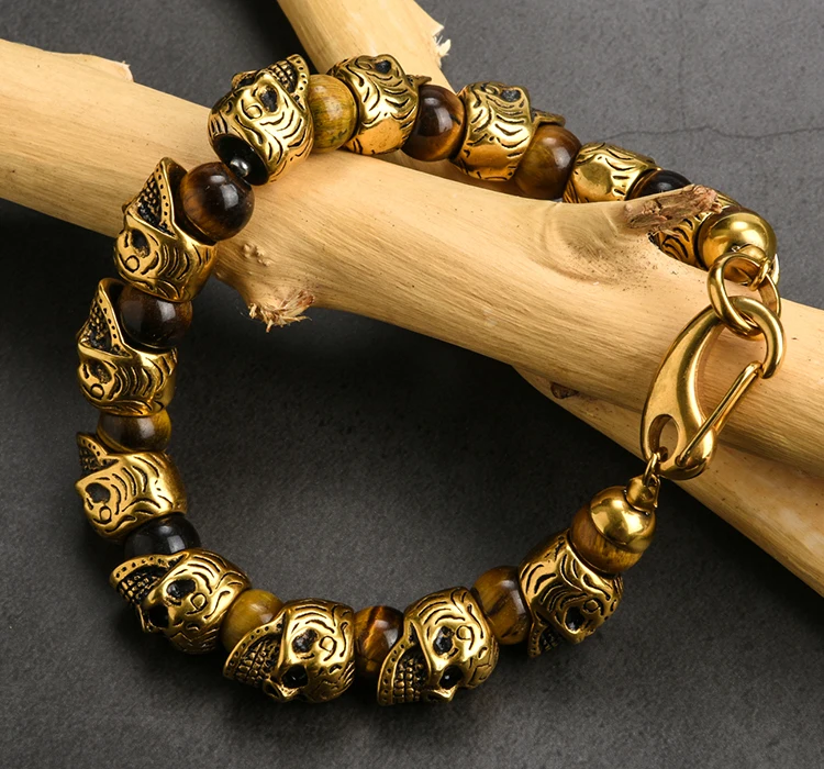 Мужской золотистый браслет с черепом из натурального камня нержавеющей стали |