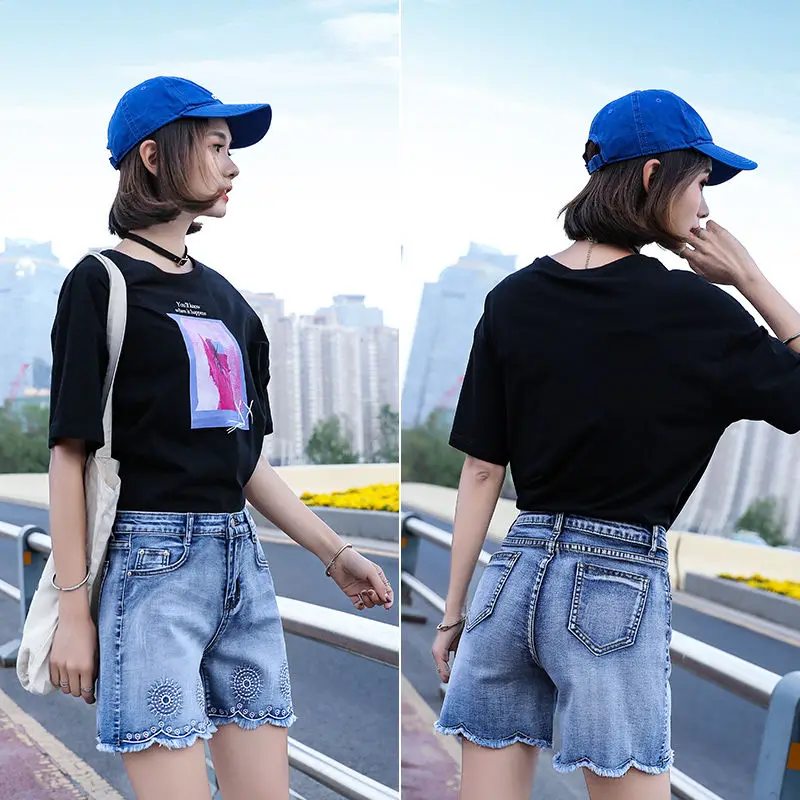 

Embroidered Jeans Shorts Women's Summer 2021 New Fashion Hot Denim Pants Feminino Streewear High Waist Fit Wide Leg Pants