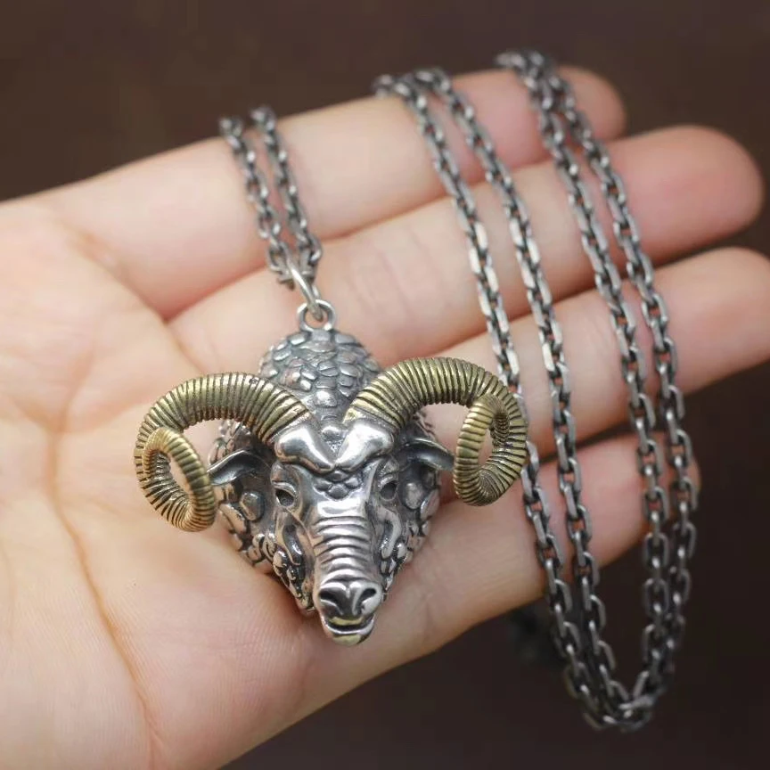 

S925 Sterling Silver Brass Pan Sheep Head Retro Fortune and Evil Pendant