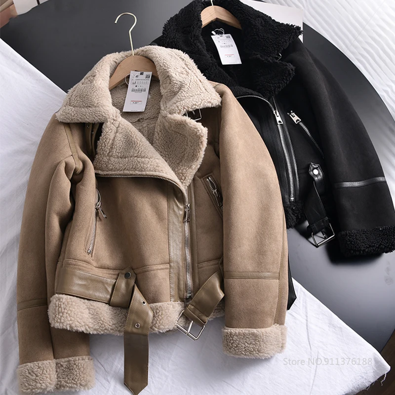 

Ailegogo Winter Women Thick Warm Suede Lamb Jacket Short Motorcycle Brown Coats Faux Shearling Sheepskin Leather Jackets Outwear