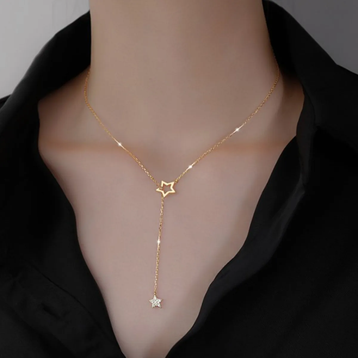 

Silver Star Tassel Cubic Zirconia Clavicle Chain Pendant Women Necklace Gift