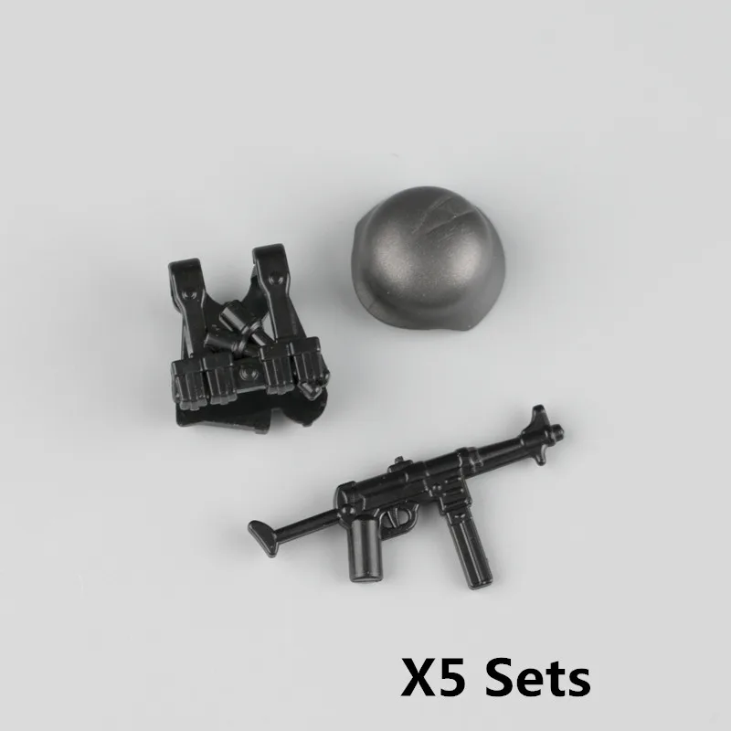 02Style-5Sets WW2 военный оружие строительные блоки аксессуары немецкая армия британский солдат шлем пистолеты кирпичи жилет для фигурки одежда для тела игрушки C132 - Цвет: 02Style-5Sets