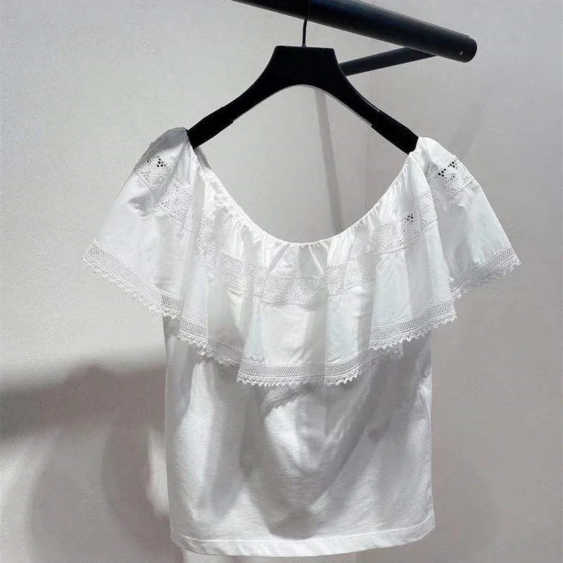 

White French Summer Ladies One Shoulder Hollow Out Lace Sleeveless T-Shirt High Version Female Elegant Tee Ladies New Tops ML153