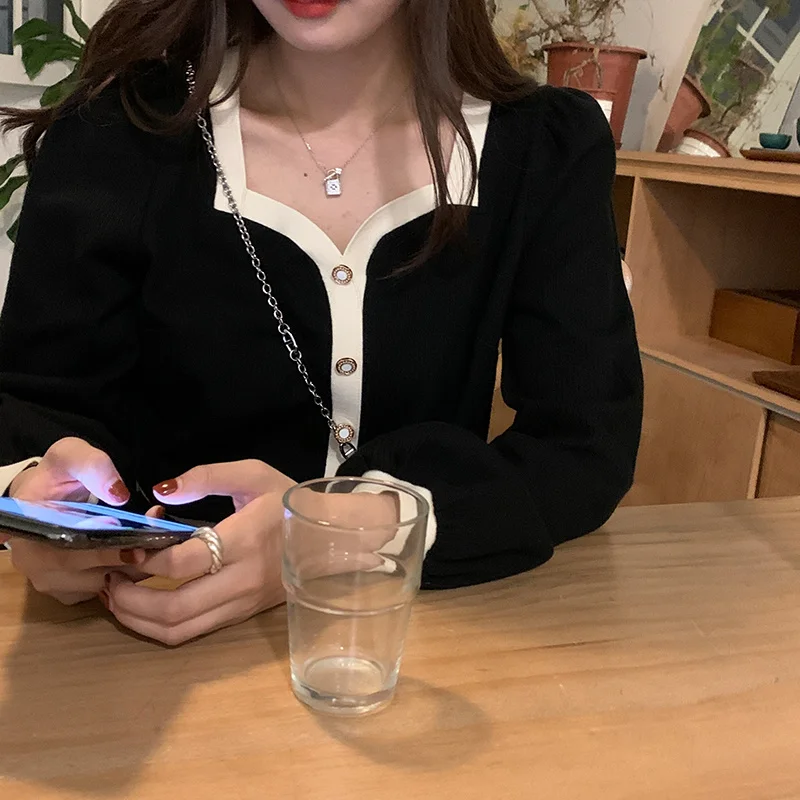 Neck T-shirt French Loose Contrast Color Aging Short Long Sleeve Top 2021 Early Autumn |