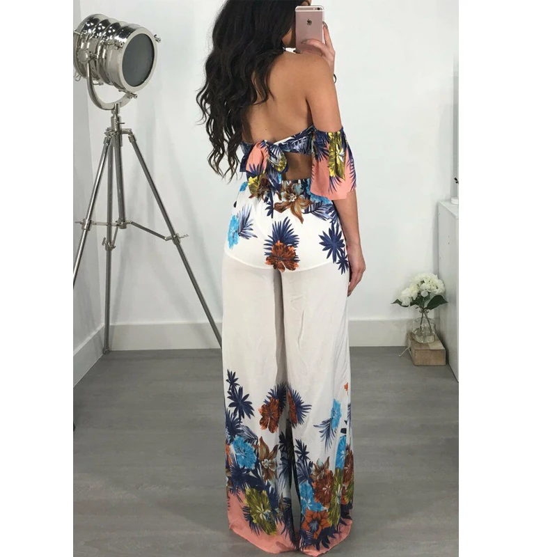 Женский шифоновый комбинезон с V образным вырезом и широкими штанинами|Женские