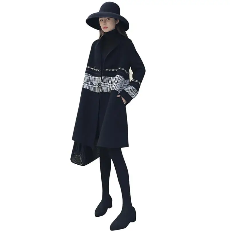 

Women's mid-length woolen coat autumn winter black loose long-sleeved woolen coat high-quality lapel stitching plaid coat S-XXL