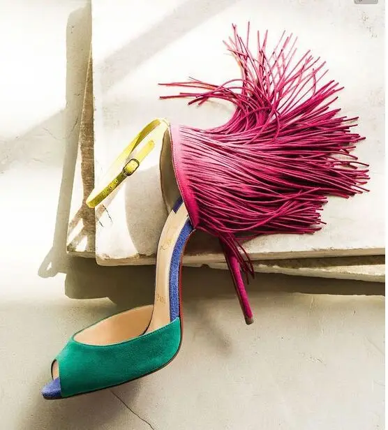 

New color matching heel tassel button fish mouth high heels