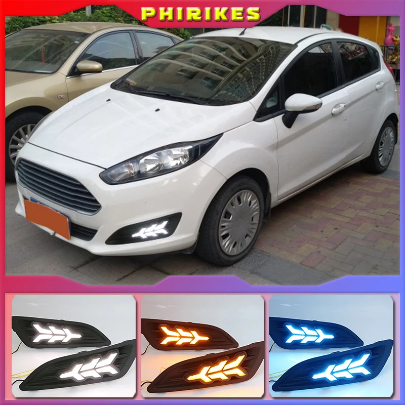 

1 пара для Ford Fiesta 2013 2014 2015 2016, светодиодсветодиодный дневные ходовые огсветильник, светодиодные дневные ходовые огни, противотуманные фары, желтые поворотные сигнальные огсветильник s