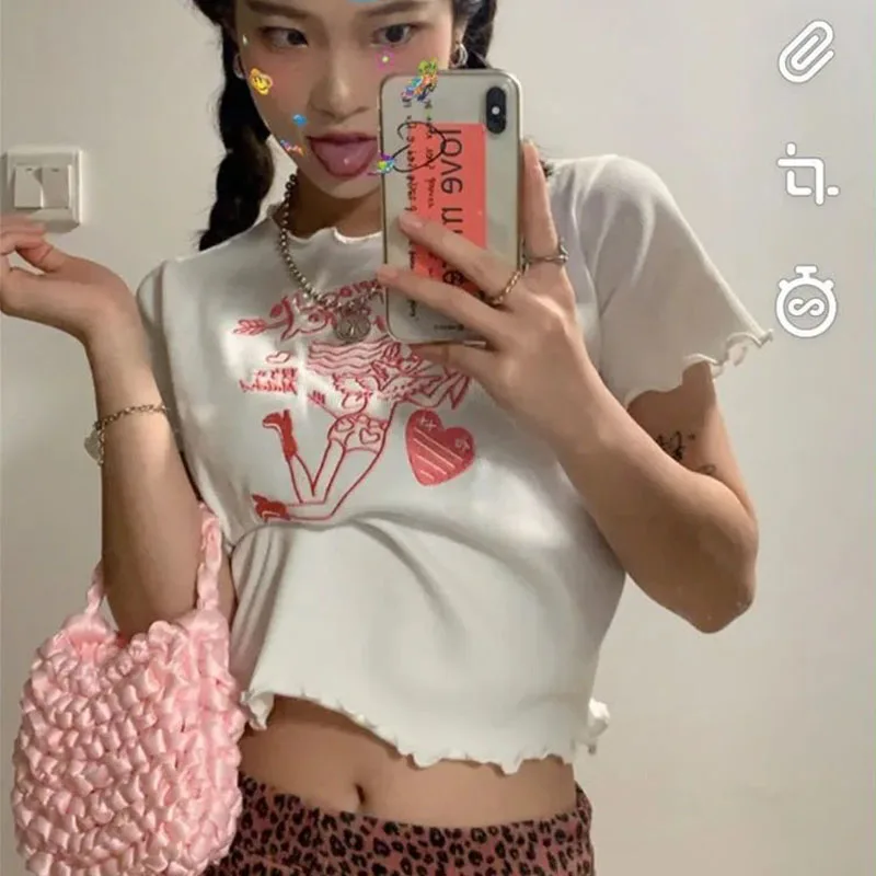 

T-shirt Crop Top Goth Harajuku Angel Printing Women's T-shirts Stitch Green Crop Tops Summer Style O-neck Short Sleeve New