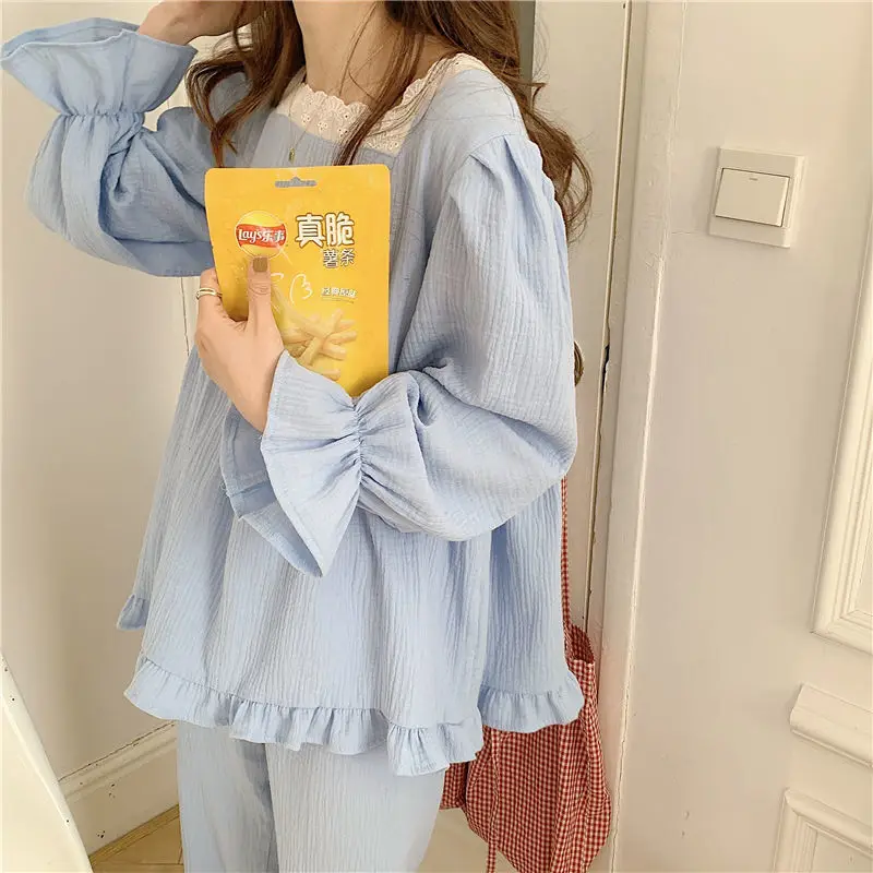 QWEEK Korean Sleepwear Women Lace Pijama Autumn Pajamas for Girls Female Set Woman 2 Pieces Pyjamas Long Sleeve Nightwear Suit