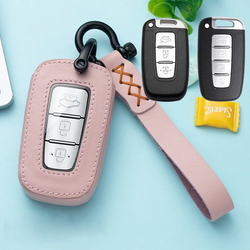 

Leather Car Key Case Cover fob for Hyundai Solaris HB20 Veloster SR IX35 Accent Elantra i30 For KIA RIO K2 K3 Sportage Ring