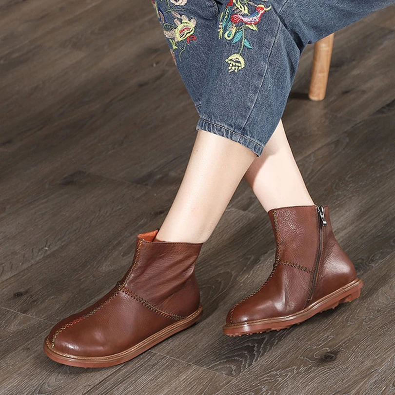 Женские ботинки из натуральной кожи коричневые на молнии с внутренней подошвой в