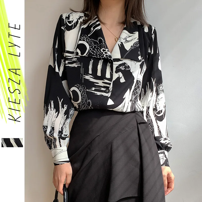 

Women Vintage Printing Shirts Fashion Chic Office Ladies Blouses Loose Casual Long Sleeve Female Tops
