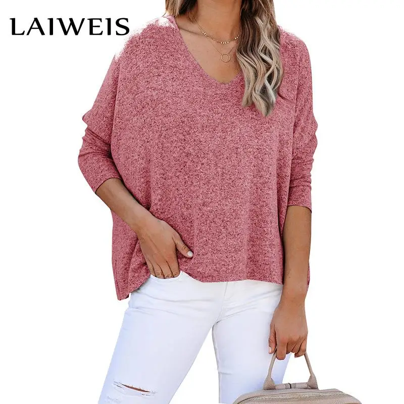 

LAIWEIS 2021 autumn winter new European American women wool fleece tshirt bat sleeve V-neck loose casual pullover T-shirt top