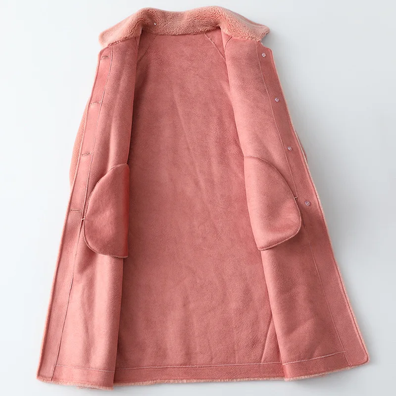 Women Spring New Wool Fur Long Coat Sheepskin Composite Jackets White Navy Blue Lady Office Wool Blends Thick Warm Fur Outwear