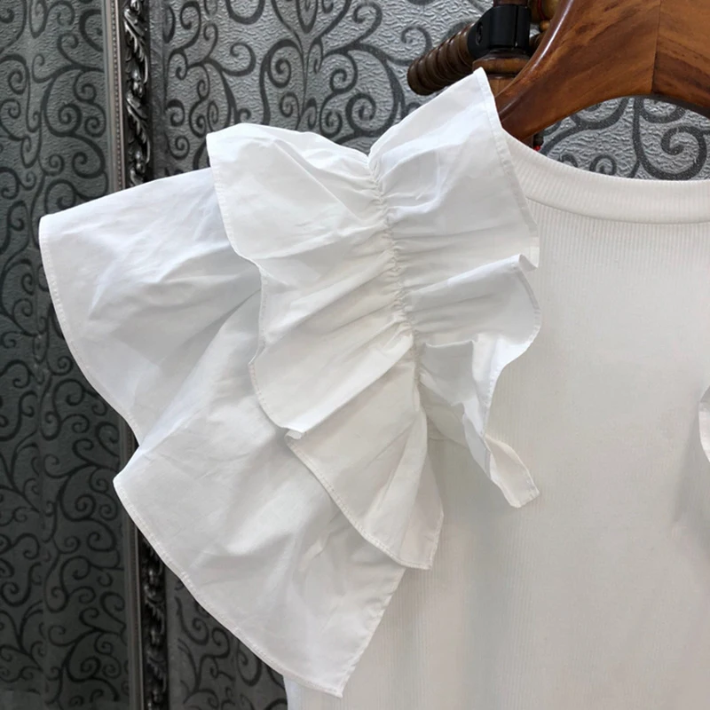 

SISPELL Patchwork Ruffle T Shirts For Female O Neck Sleeveless High Waist Slimming Solid Color High Waist Women's T Shirt 2021