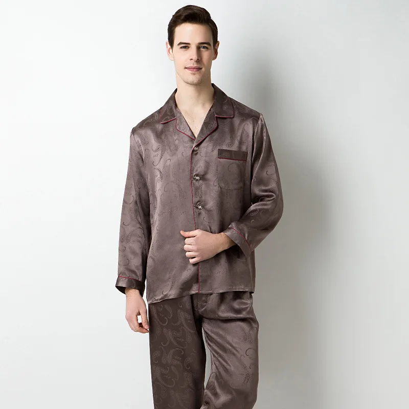 Men's 100% Silk Printed 2PCS Sleepwear Set Sexy Men Pajamas Long Sleeve Single Breasted Nightwear Sleep Suit Home Clothing