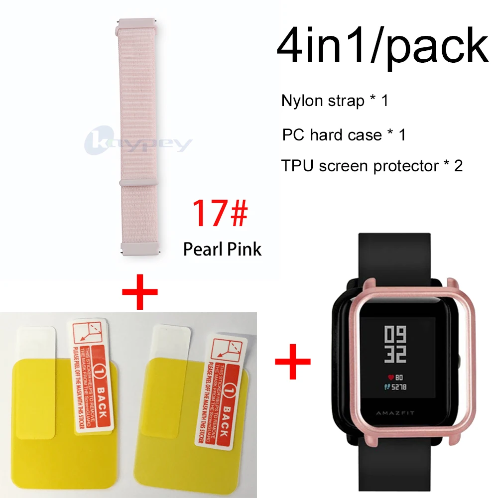 17-Rose pink case 4в1 для Xiaomi Huami Amazfit ремешок bip браслет нейлоновая петля Smartwatch Браслет amazfit bip чехол с защитой экрана - Цвет: 17-Rose pink case
