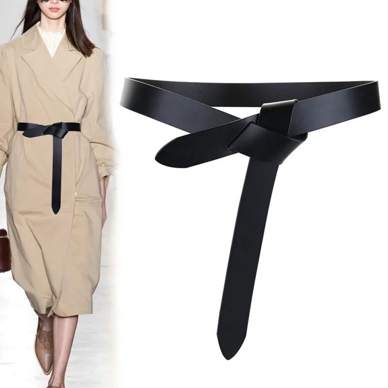 

Newest Design knot cowskin belts for women soft real leather knotted strap belt long genuine dress accessories lady waistbands