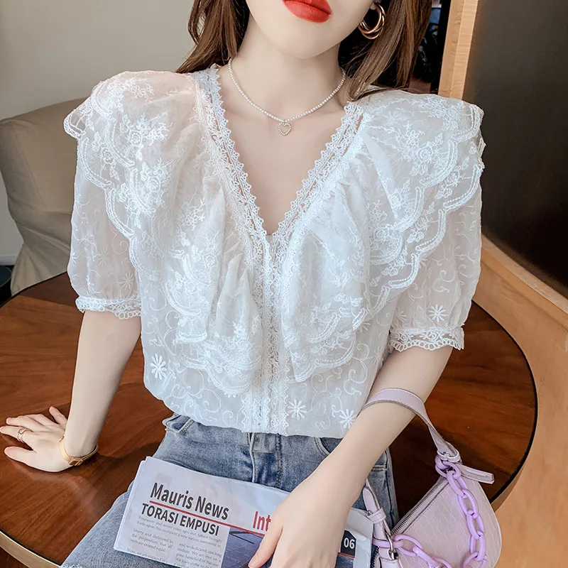 

Lace Chiffon Blouses Femme Tops Embroidered Shirts V-neck Ruffled Blusas White Elegant Blouse Women Clothes Shirt Summer
