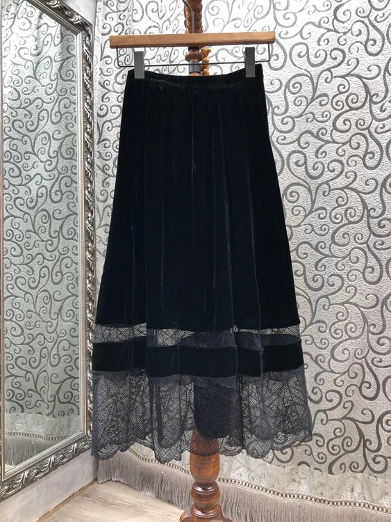 

2021 new women fashion hem mesh lace stitching trim trim buttoned mid-length skirt 1015