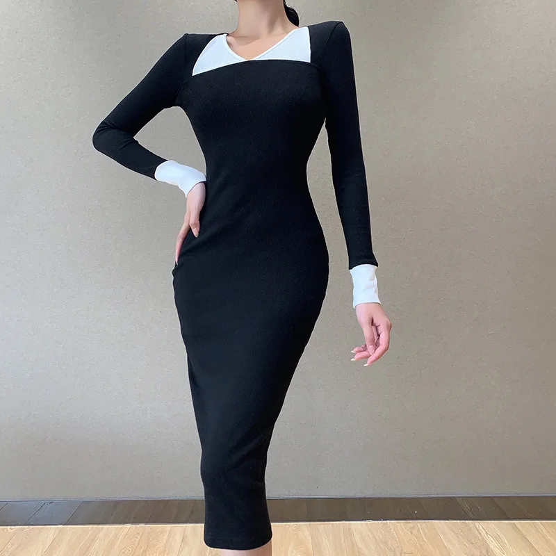 

Spring New Sexy High Wasit Dress Women Full Sleeve V Neck Patchwork Bodycon Dress For Women 2021 Summer Temperament Slim Dress