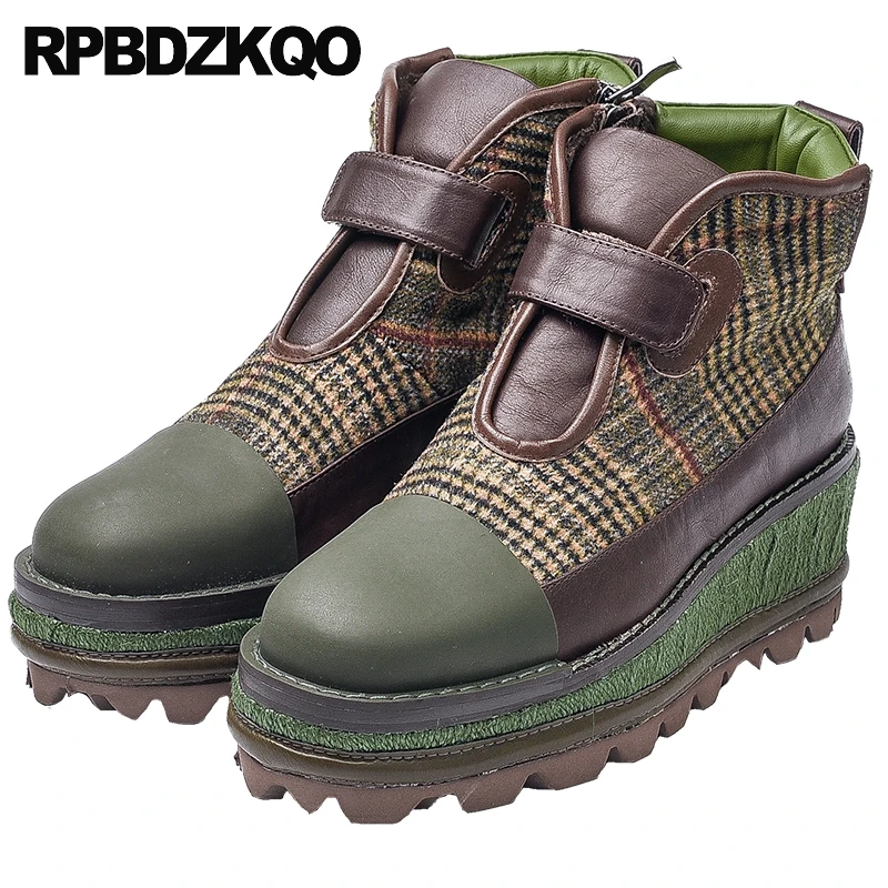 Женские дизайнерские ботинки на платформе клетчатые из натуральной кожи высоком