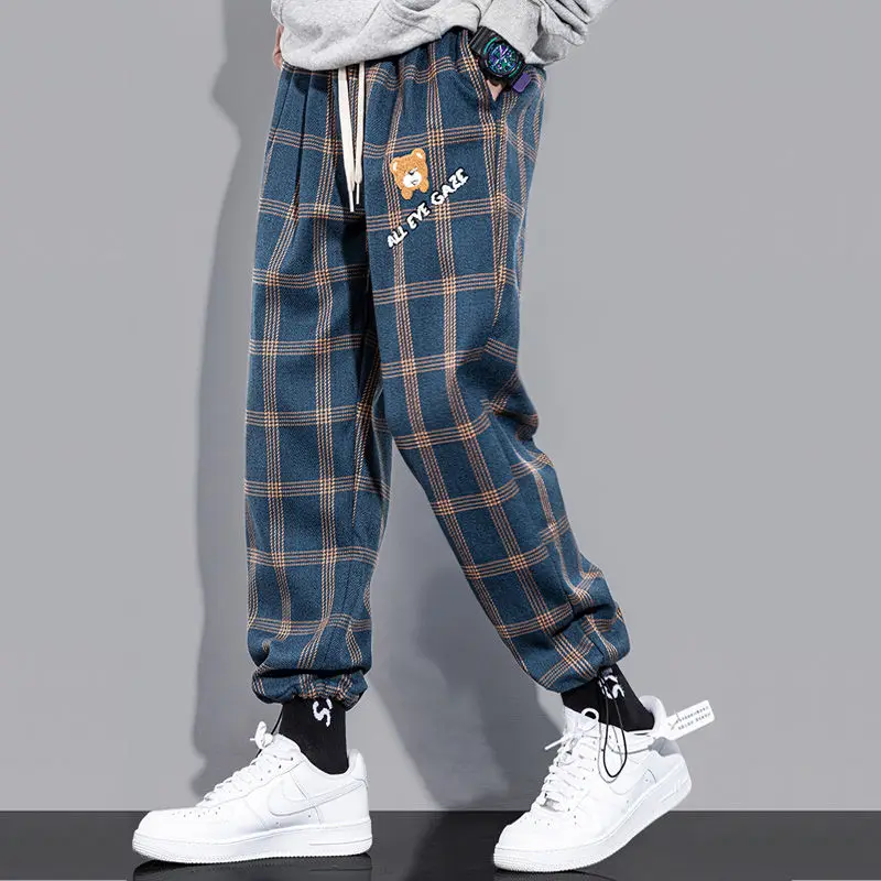 

HOUZHOU Summer Plaid Pants Men Jogger Casual Checked Trousers Fashion Streetwear Sweatpants Hip Hop Blue Checkered Pants Sports