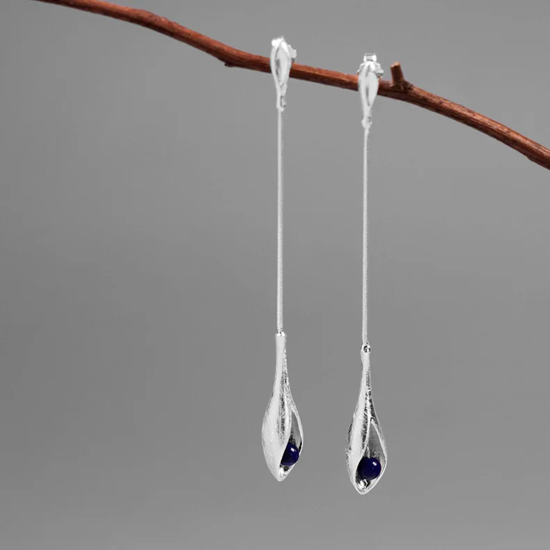 Blue Lapis Lazuli INATURE элегантный 925 пробы серебряный красный коралл цветок длинные висячие серьги для женщин ювелирные изделия - Окраска металла: Blue Lapis Lazuli