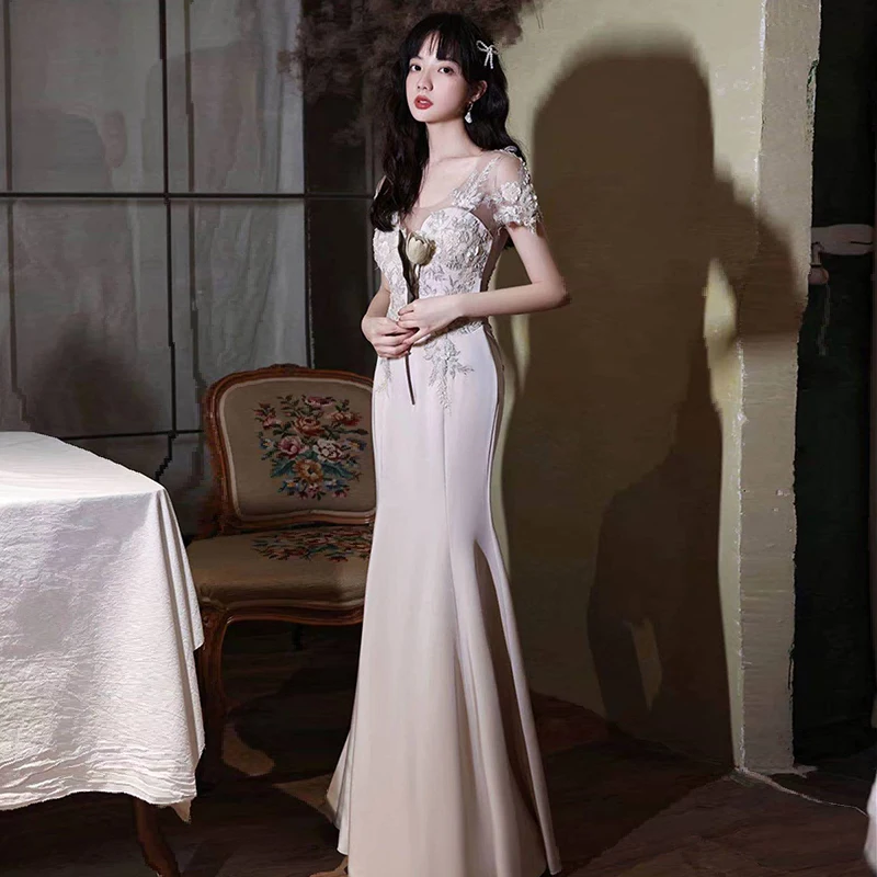 

New Embroidery O-Neck Evening Dress Short Sleeves Pleat Floor-length Mermaid Champagne Plus size Women Formal Party Gown C712