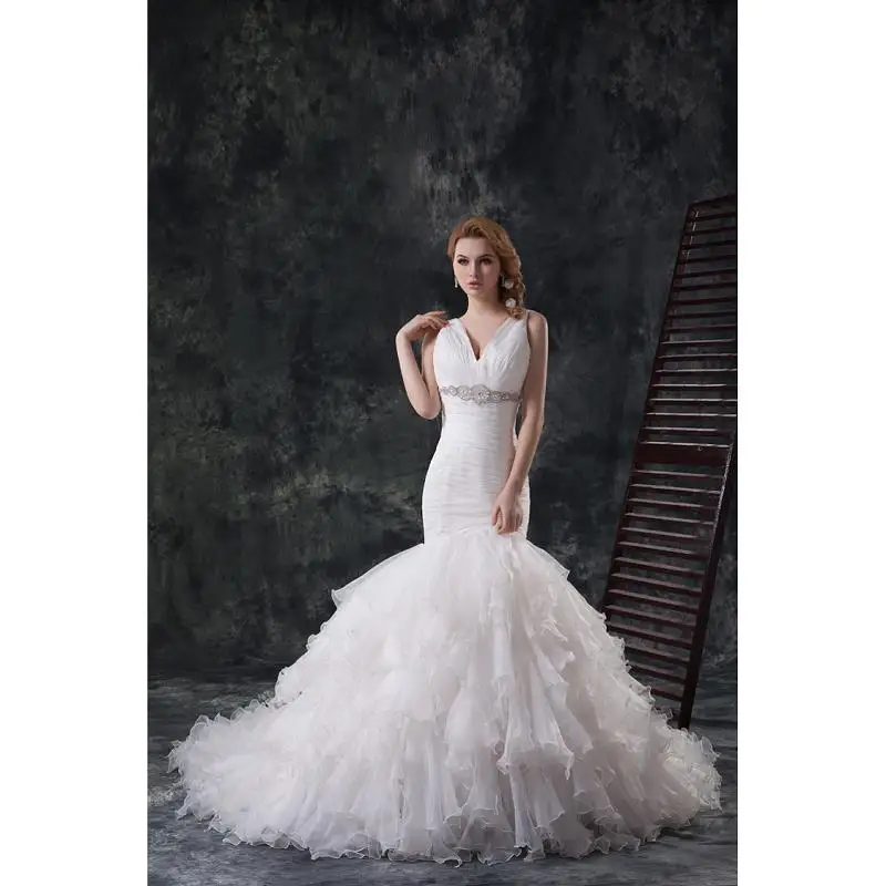 

Ivory Organza V-Neck Sleeveless Floor-Length Mermaid/Trumpet Wedding Dresses Chapel Train Custom Made Bridal Gowns