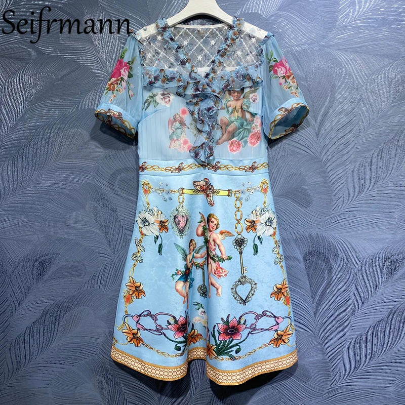 

Seifrmann New 2021 Summer Women Fashion Runway Designer Party Midi Dress Short Sleeve Gorgeous Ruffles Vintage Printed Dresses