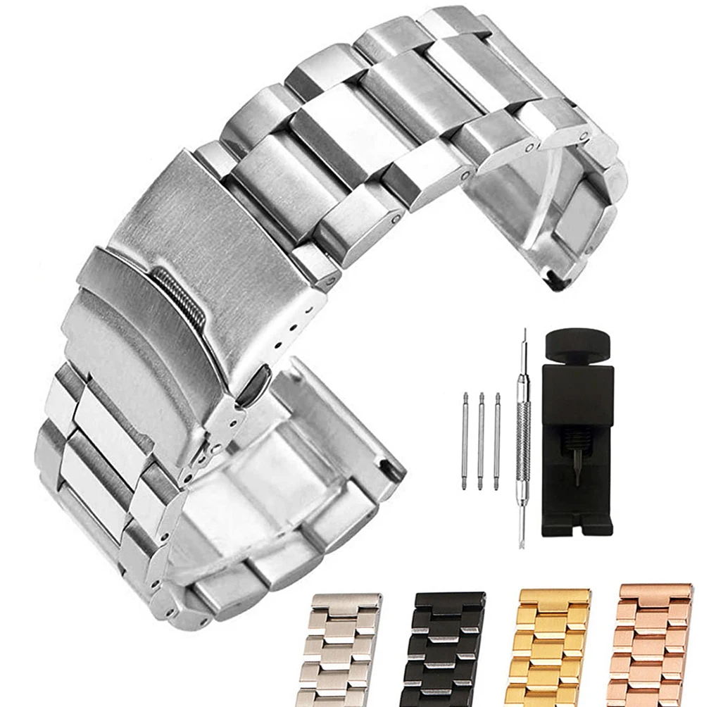 

Stainless Steel Bracelet 18mm 20mm 22mm 24mm Solid Metal Wristband Men Watchband Watches Accessories Double Folding Buckle Strap