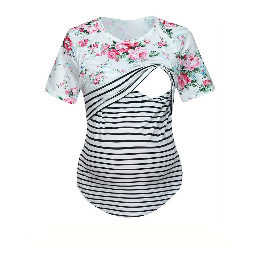 

Summer Clothes For Women Mom Pregnant Nursing Baby Stripe Printing Stitching Short Sleeved Tops T-shirt Ropa Lactancia Materna