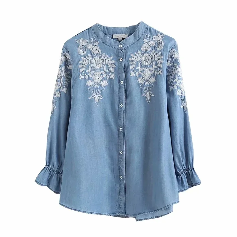 

Джинсовая рубашка с вышивкой на воротнике, свободная шелковая блузка с рукавами, новинка весны и лета 2021