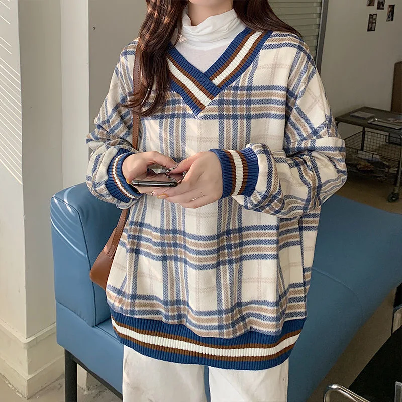 

Autumn Korean Sweater Coat Anime Cosplay Costumes Pullover Sweater V Neck Blue Pink Long-sleeved Knitting Coat Uniform For Girls