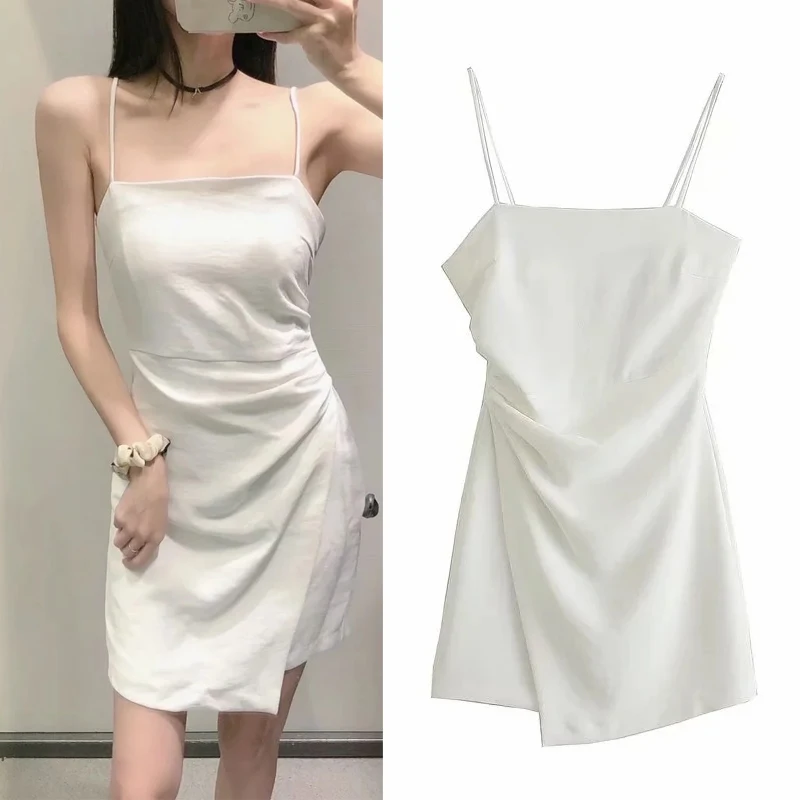 

Za 2021 Mini White Dress Woman Wrap Slip Summer Dress Women Fashion Ruched Short Dresses Strap Backless Sexy Dresses